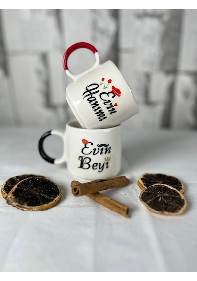Seradag Çiftler İçin , Evin Hanımı Evin Beyi Seramik 2'li El Yapımı Çay Kave Kupa Bardak