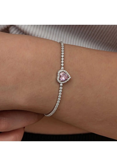 Gümüş Pembe Taşlı Kalpli Su Yolu Bileklik Gümüş