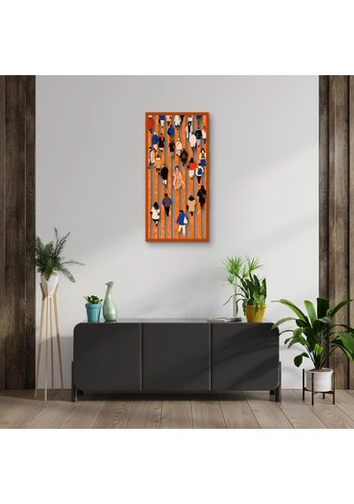 Turuncu Şeritlerde Yürüyen Kalabalık - Metal Tablo - Dec0370 24 X 50 Cm Çok Renkli
