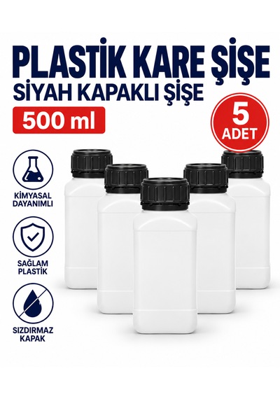 Plastik Kare Şişe 500 Ml - Siyah Kapaklı Şişe 5 Adet