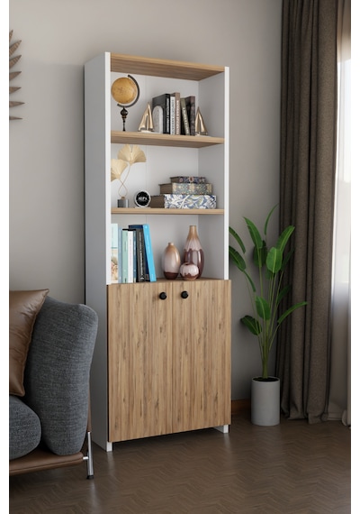 Kapaklı Çok Amaçlı Salon Dolabı 150x50x22 Cm Raflı Kitaplık Dekoratif Depolama Ünitesi Atlantik Çam - Beyaz