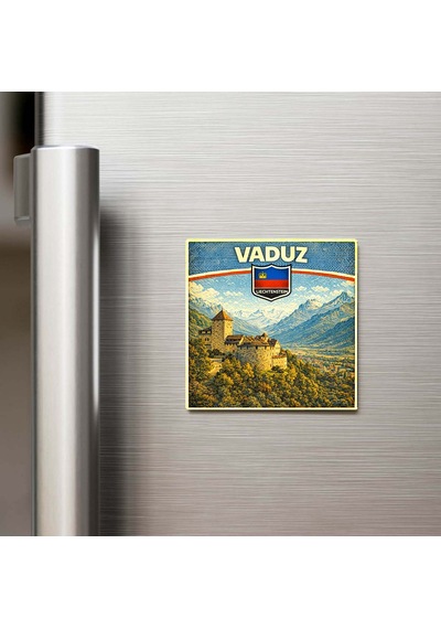 Retro Lihtenştayn Vaduz Şehri Temalı Vintage Buzdolap Magneti 9x9 Cm