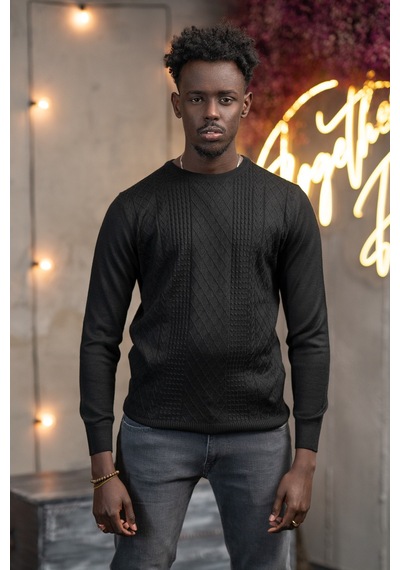 Woolen World Regular Fit Yünlü Kendinden Desenli Bisiklet Yaka Triko Kazak Siyah