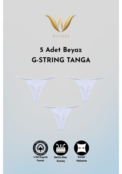 Wcreas Kadın İpli Tanga, Pamuklu Yumuşak Kumaş G-string Tanga 5'li Paket Beyaz Beyaz