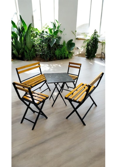 Modern 2-2-1-1 Balkon Bahçe Mutfak Bistro Set Katlanır Masa-sandalye 6 Kişilik Sarı