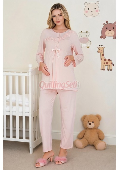 Lady Bebe Pembe Renkli, Dantel Detaylı 33209 Uzun Kol, 2 Parça Lohusa Hamile Pijama Takımı Açık Pembe