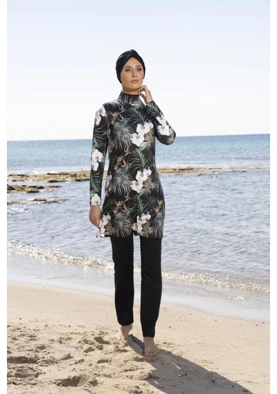Estiva 23907 Siyah Dijital Desenli Tam Boy Lycralı Tesettür Mayo