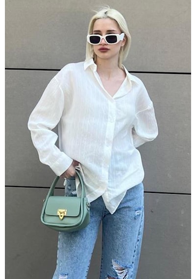 Madmext Beyaz Uzun Kollu Çizgili Oversize Gömlek Mg2080-beyaz Beyaz