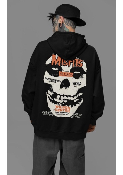 Sevbano Müzik Grubu Misfits Baskılı Unisex Oversize Rock Metal Hoodie Siyah