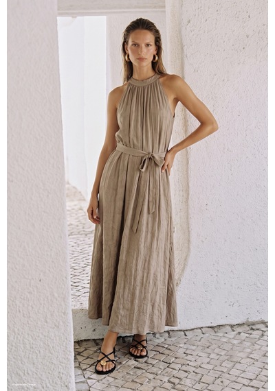 Sateen Kuşaklı Elbise - Camel-137744