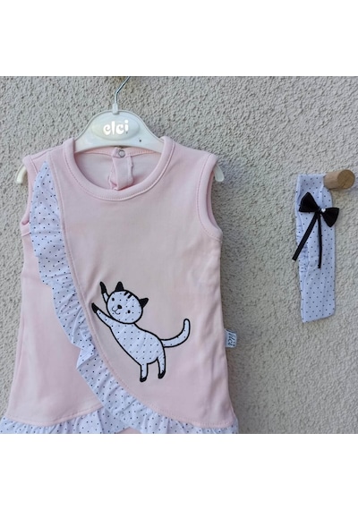 Elci Baby 3-9 Ay Kız Bebek Badi Kedili Fırfırlı Bandanalı Pembe
