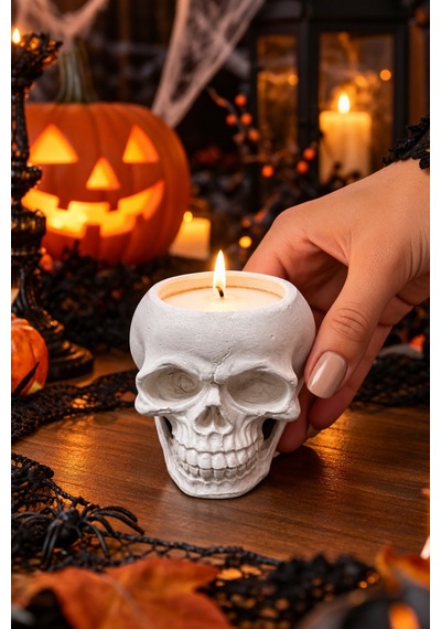 Halloween Kuru Kafa Mumluk Kafatası Mum Standı Cadılar Bayramı Parti Masa Dekorasyonu 8 X 6,5 Cm Diğer