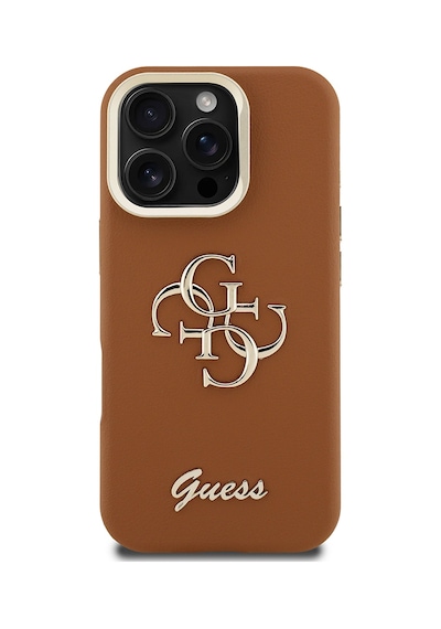 Apple Uyumlu iPhone 16 Pro Max Kılıf Guess Lisanslı Grained Yazı Logolu Kamera Standlı Kapak Kahverengi