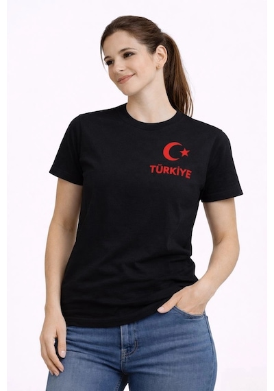 Moda Kadın Türkiye Ay Yıldız Baskılı Taraftar Forma T-shirt - Siyah Çok Renkli