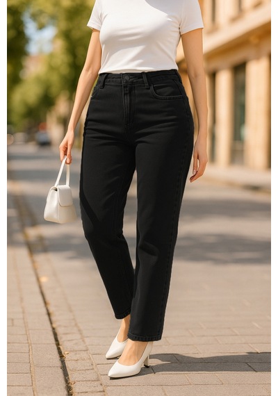 Cedy Denim Cedy Denım - Kadın Büyük Benden Boru Paça Yüksek Bel Regular Fit Likralı Pantolon C626 Siyah