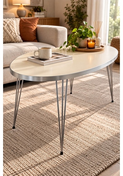 Sulorahome Gümüş Tel Ayaklı Oval Orta Sehpa Krem Bej