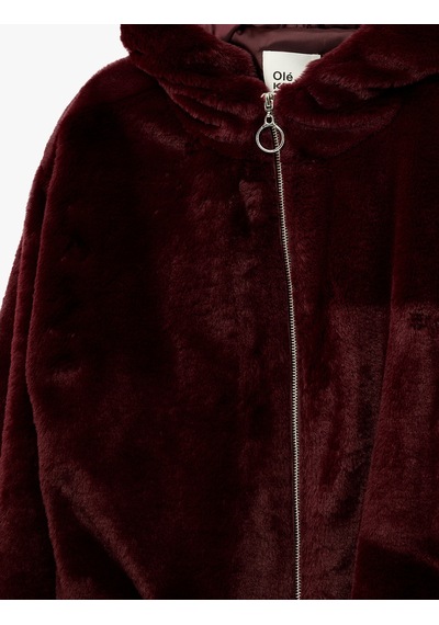 Koton Uzun Kollu Kapüşonlu Fermuarlı Suni Kürk Crop Ceket Bordo 6wal20009ıw Bordo