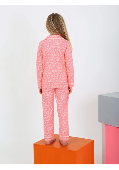 Düğmeli Kız Uzun Kollu 'hoho' Model Pijama Takımı Pembe