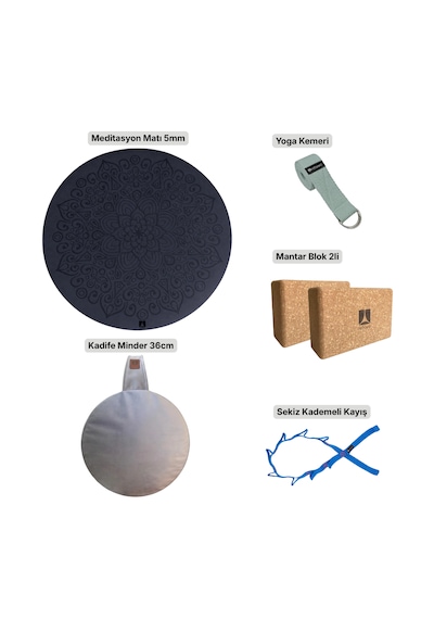 Meditasyon Ve Yoga Destek Seti - Oval Mat + Kadife Minder + Yoga Kemeri + Cork Blok 2li + Kademeli Germe Kayış Mor