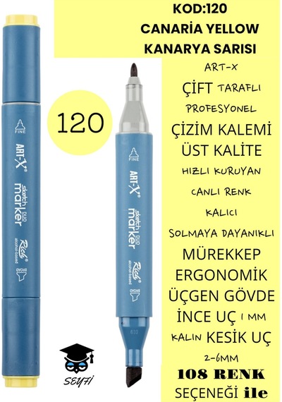 Çift Taraflı Profesyonel Çizim Kalemi Kalıcı Mürekkep Üçgen Gövde İnce Uç 1 Mm Kesik Uç 2-6mm Sketch 120-kanarya Sarısı