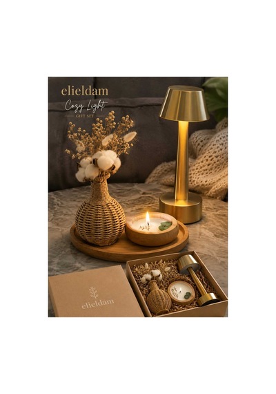 Doğum Günü, Özel Gün, Yeni İş, Yeni Ev Hediyesi Rattan Vazo, Soya Wax Mum Ve Şarjlı Masa Lambası Premium Set