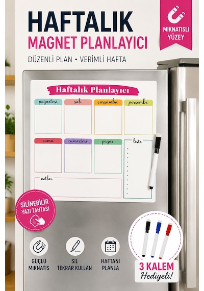 Haftalık Magnet Planlayıcı Silinebilir Mıknatıslı Yazı Tahtası 3 Adet Kalem Hediyeli 30 x 30 CM