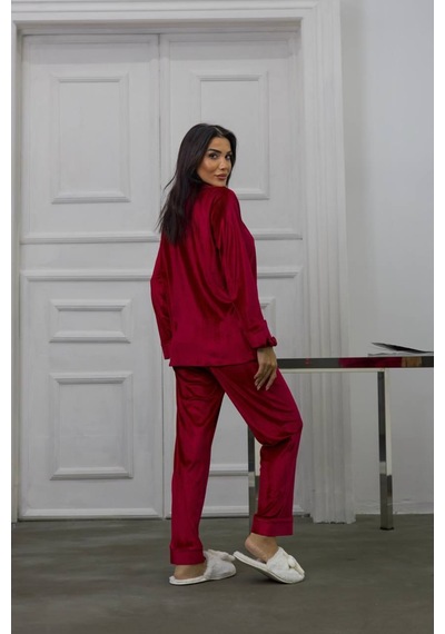 Gizotti Kırmızı Gofrajlı Kalp Nakışlı Uzun Kadife Pijama Takımı Xl Kırmızı