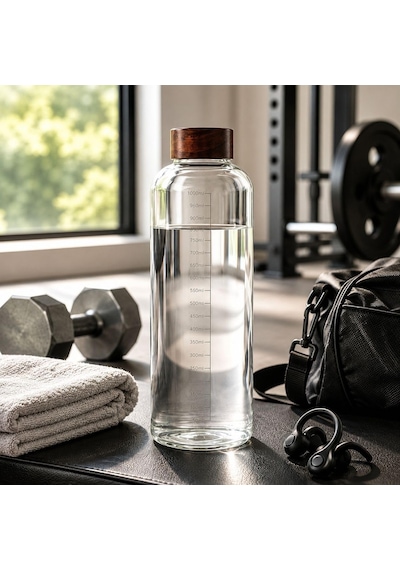 1000 Ml Akasya Kapaklı Cam Matara Ölçekli Su Şişesi Sızdırmaz Kapaklı Şeffaf Cam Suluk Diğer