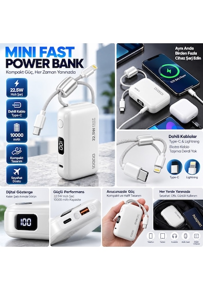 Samsung Galaxy A52 / A52s 5g / A72uyumlu 10.000 Mah Çift Dahili Kablolu Mini Powerbank 22.5w Hızlı Şarj Taşınabilir Batarya Siyah