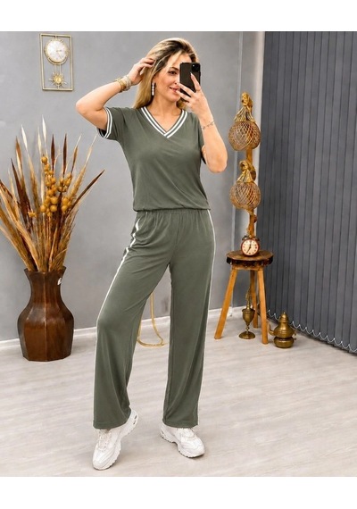 Valensdesign Kadın Kısa Kollu V Yakalı Viskon Iki Iplik Bluz Ve Pantolon Ikili Takım Haki