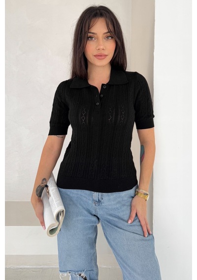 Femelle Kadın Siyah Ajurlu Polo Yaka İnce Triko Bluz Kısa Kollu Standart Beden