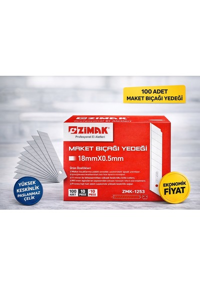 Zimak 18mm Maket Bıçağı Yedeği 0.5mm Karbon Çelik Profesyonel Kesici Uç 10 Lu 10 Paket