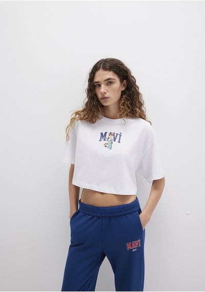 Mavi - Kedi Logo Baskılı Beyaz Tişört 1613284-620 Beyaz