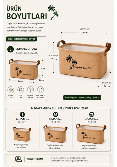 Jüt Kumaş Düzenleyici Sepet 34x24x20 Cm Açık Ağızlı Organizer Sepeti Raf Dolap Banyo Düzenleyici Doğal