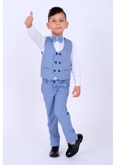 Baby Kids Colors Erkek Çocuk Smokin Takım Elbise 6 Düğmeli Yelekli Papyonlu Zincirli Mavi
