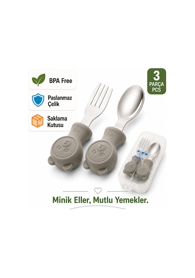 Jojobebek Kaşık Çatal Seti, Ergonomik Kısa Saplı Silikon, Paslanmaz Çelik Uçlu, Saklama Kutulu, 9-24 Ay / Gri