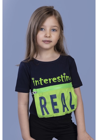 Toontoy Kids Toontoy Kız Çocuk Crop Model Cebi Reflektör Detaylı Baskılı Tişört Lacivert