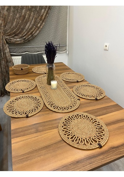 Senza Atelier 7 Parça Jüt Supla Ve Runner Seti - El Örmesi Hasır Yemek Masası Takımı Jüt Hasır