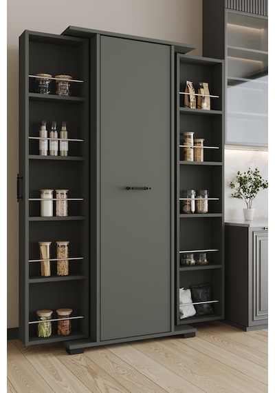 Aeka Ae-3083 Hazal Çok Amaçlı Mutfak Dolabı 3 Kapaklı 15 Raflı Kiler Dolabı Modern Tasarım 170x138x77,5 Antrasit/gri