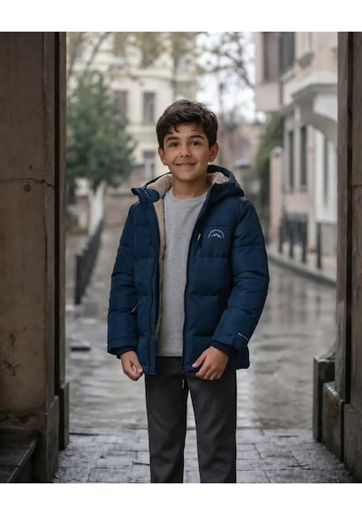 Robin Erkek Çocuk Mavi Kışlık Kapüşonlu Kaban Modeli