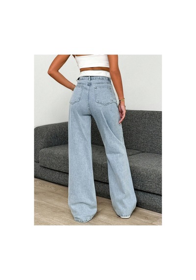 Kene Jeans Yüksek Bel Kemer Yakalı Bol Paça Jeans Mavi