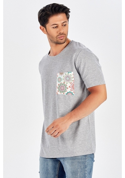 Peraluna Cep Desenli Düz Kesim Açık Gri Pamuklu Erkek T-Shirt-Gri