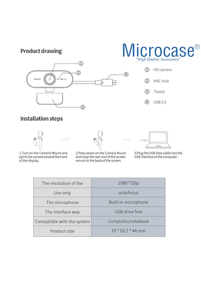 Microcase 1080p 360 Dönerli Mandal Kıskaçlı Full Hd Webcam Kamera Zr811 - Al5148