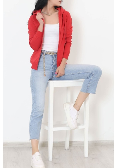 Bensu Store - Kapşonlu Fermuarlı Sweat Kırmızı - 11866.108. 001