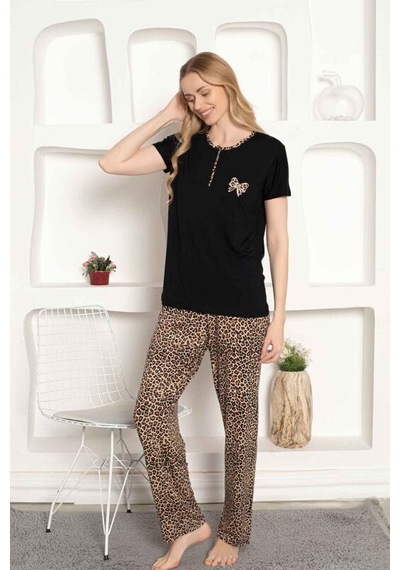Monox Kadın Leopar Baskı Kısa Kol Uzun Alt Pijama Takımı Siyah