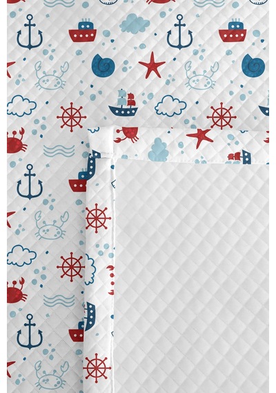 Mavi Marine Genç Odası Tek Kişilik Pike Takımı - Kırmızı Nautical 160x220 Cm Kapitone Yatak Örtüsü Dingin Dal Çizgisi