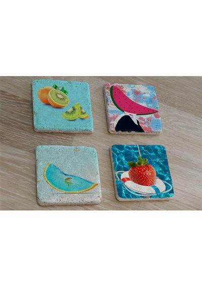 İlüstrasyon Meyve Manipülasyon Doğal Taş Bardak Altlığı 4'lü Set - Natural Stone Coasters-174094 Çok Renkli