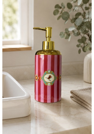 Piraye Porselen Love Birds Sıvı Sabunluk Altın Renkli Dekoratif Banyo Ve Mutfak Aksesuarı , 20 X 7 Cm Pembe - Kırmızı