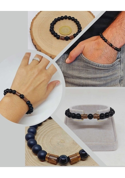Siyah Akik & Oniks Taşı 8mm Unisex Tasarım Bileklik Hawaii Model Çok Renkli