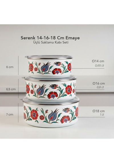 Serenk 14-16-18 Cm Emaye Üçlü Saklama Kabı Seti Çok Renkli